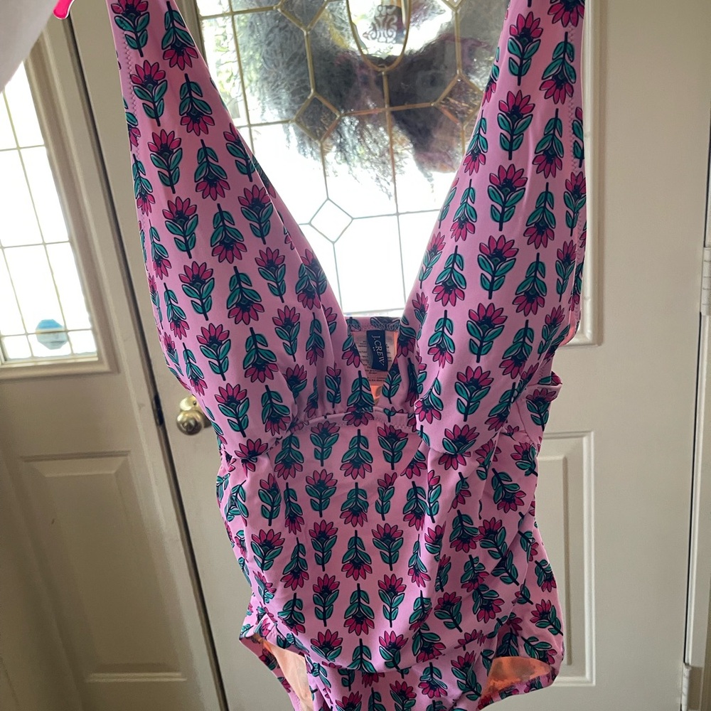 J. Crew Pink and Green One Piece Swimsuit with Ruffled Details